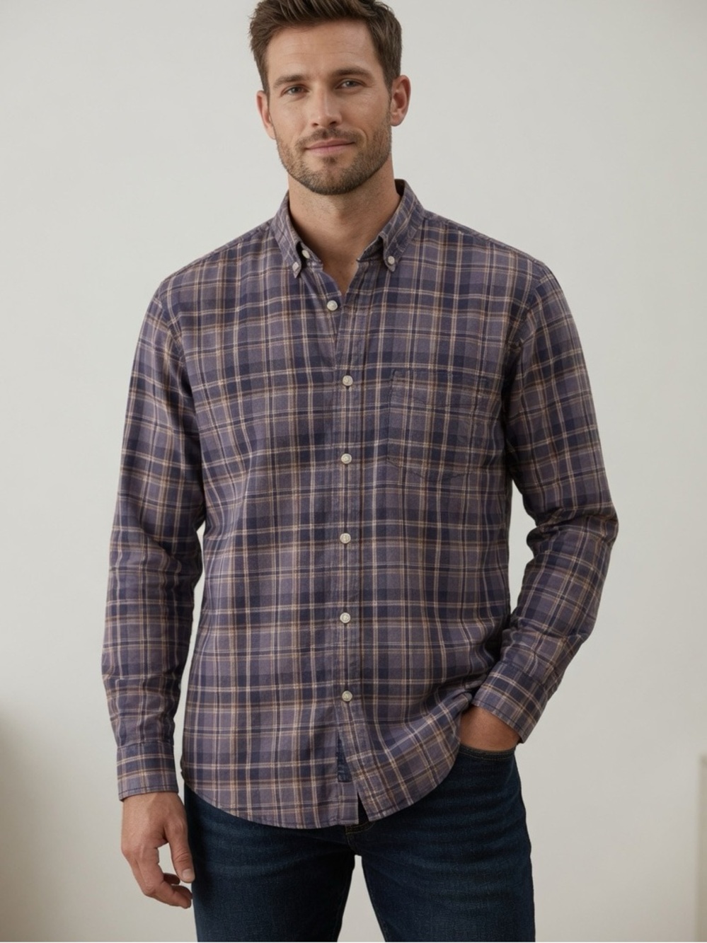 J. Crew Navy and Tan Plaid Casual Shirt Large